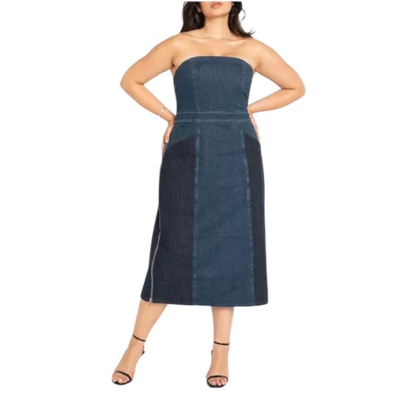 ELOQUII Strapless Denim Midi Dress Womens Plus Size 20 NEW - Picture 1 of 12